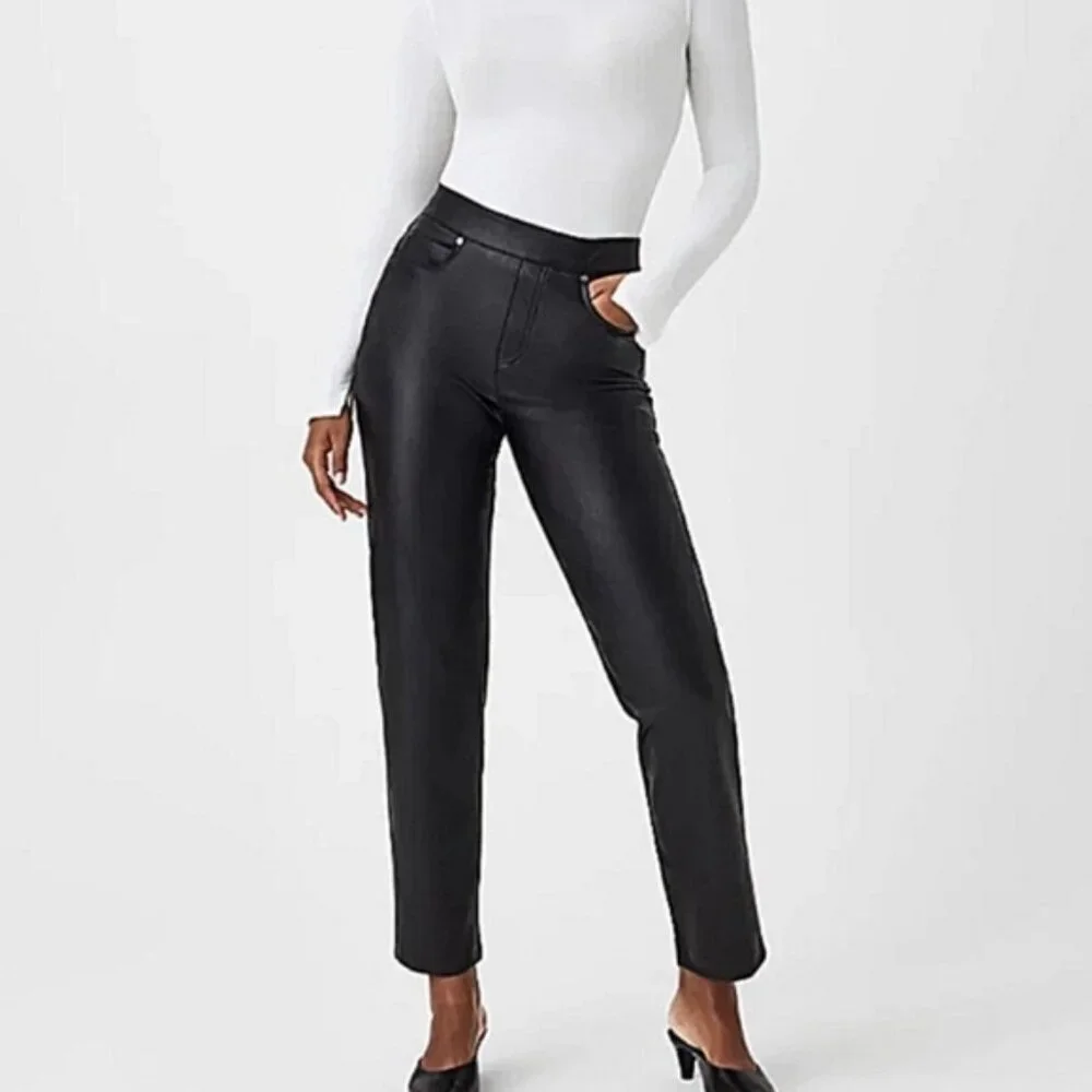 NWT SPANX II Slim Straight Faux Leather Pant Luxe Black 20528Q Women's 1X PETITE